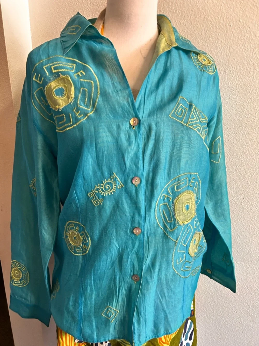 Chico's Turquoise & Lime Embroidered Button-Front Blouse - Picture 1 of 4